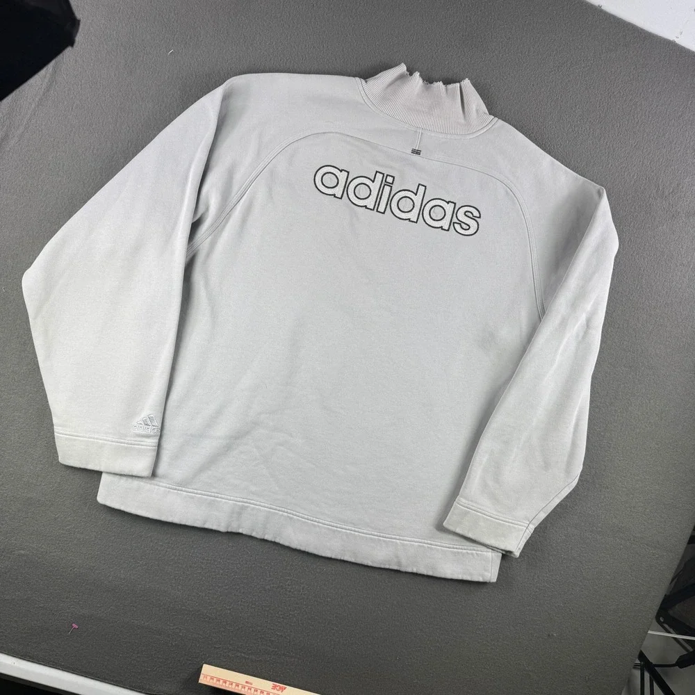 Vintage Adidas‎ Mens Pullover Sweatshirt Quarter Zip Spellout Gray Logo Large